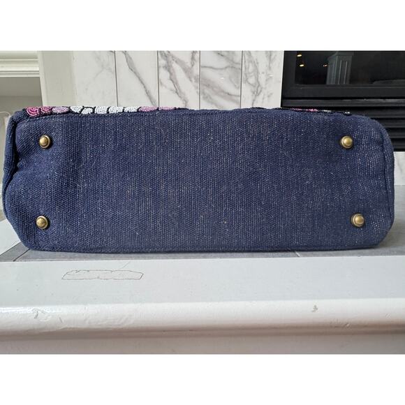NWT Embroidered Floral Beaded Tote Bag Navy Pink Purple Shoulder Bag - Picture 7 of 7